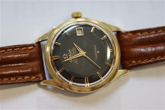 A gentlemans 1960s steel and gold plated Omega Constellation automatic pie pan black dial wrist watch,